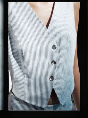 Zara Metallic Striped Denim Waistcoat Vest With Silver Offset Diagonal Buttons